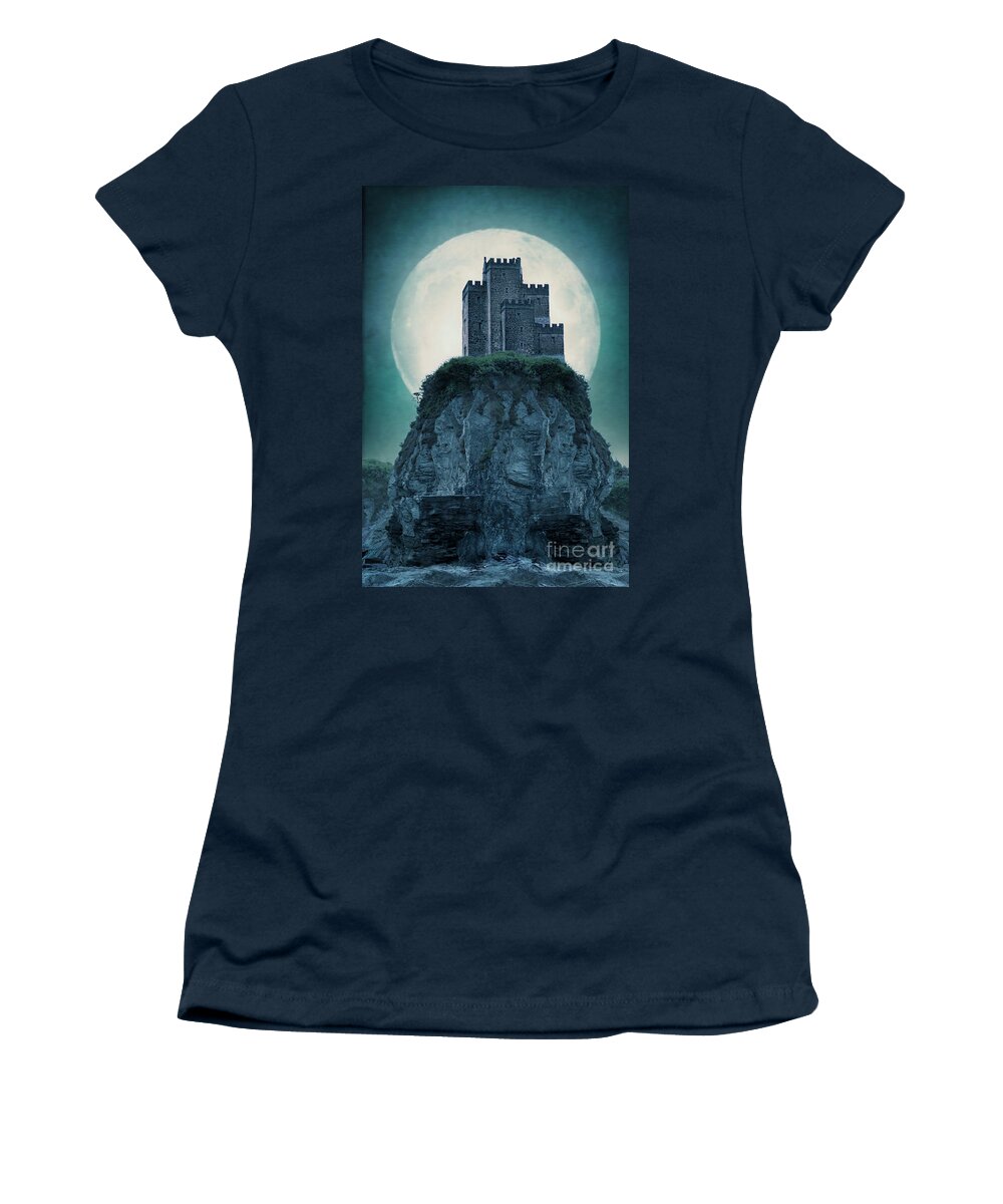 Castle Women's T-Shirt featuring the photograph Medieval Castle On A Cliff With Full Moon by Lee Avison