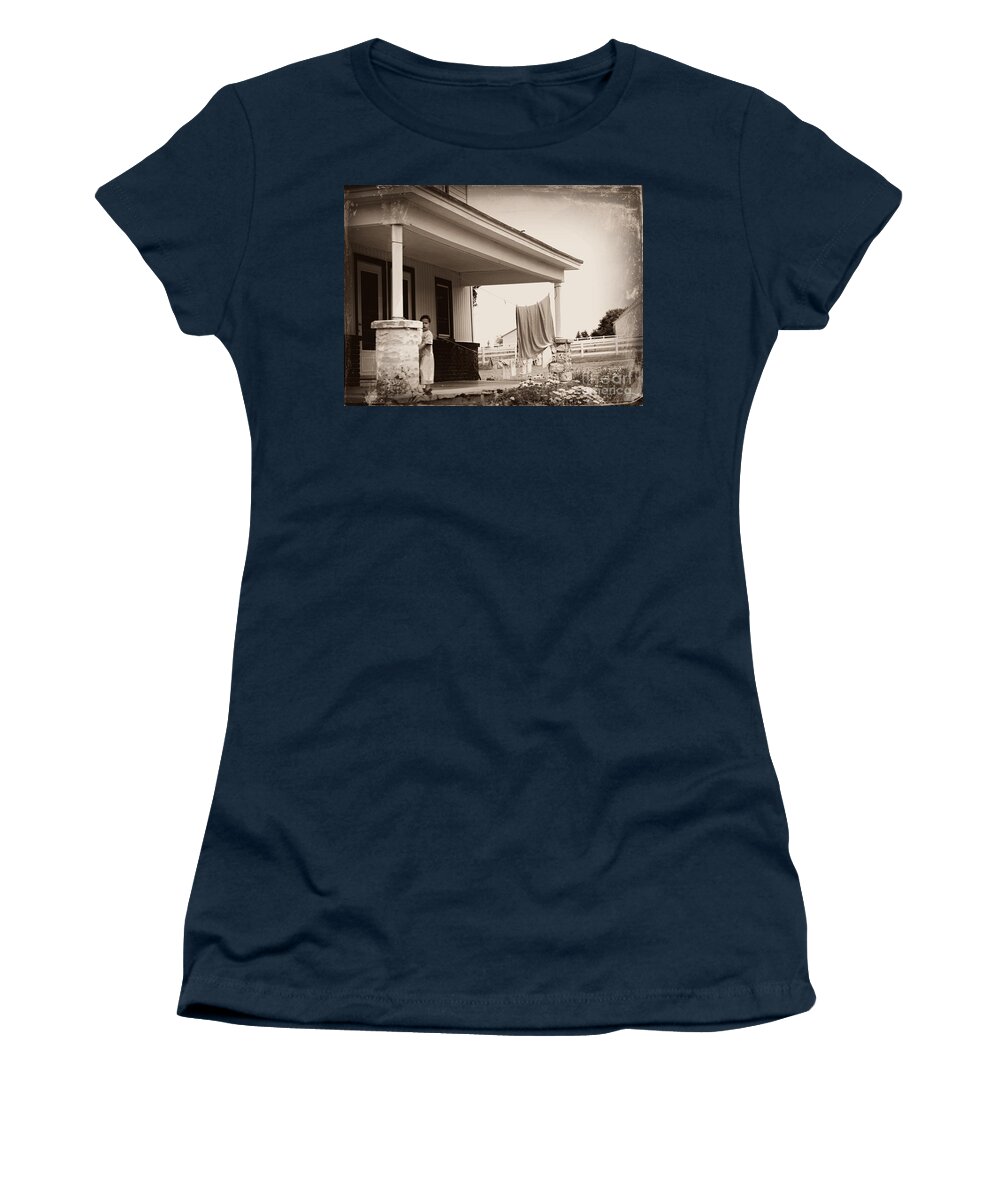 Laundry Women's T-Shirt featuring the photograph Mennonite Girl Hanging Laundry by Beth Ferris Sale