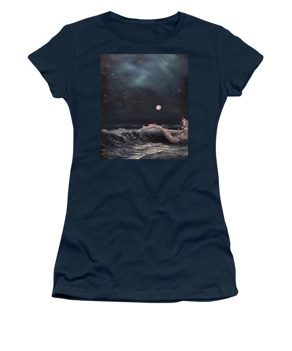 Beach Wave Ocean Lbi Long Beach Island Moon Sky Clouds Women's T-Shirt featuring the painting Midnight surf by Justin Wozniak