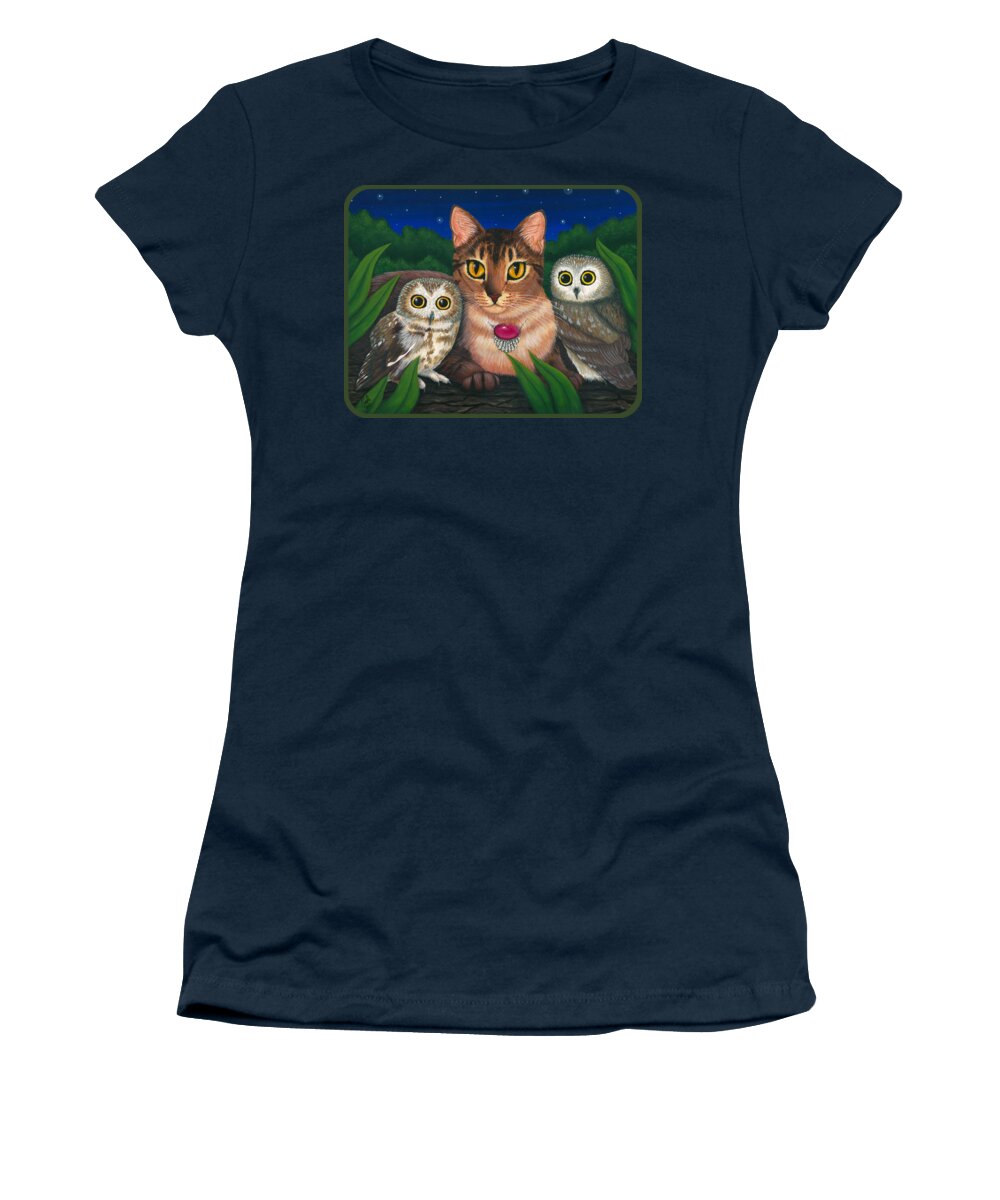 Abyssinian Cat Women's T-Shirt featuring the painting Midnight Watching - Abyssinian Cat Saw Whet Owls by Carrie Hawks
