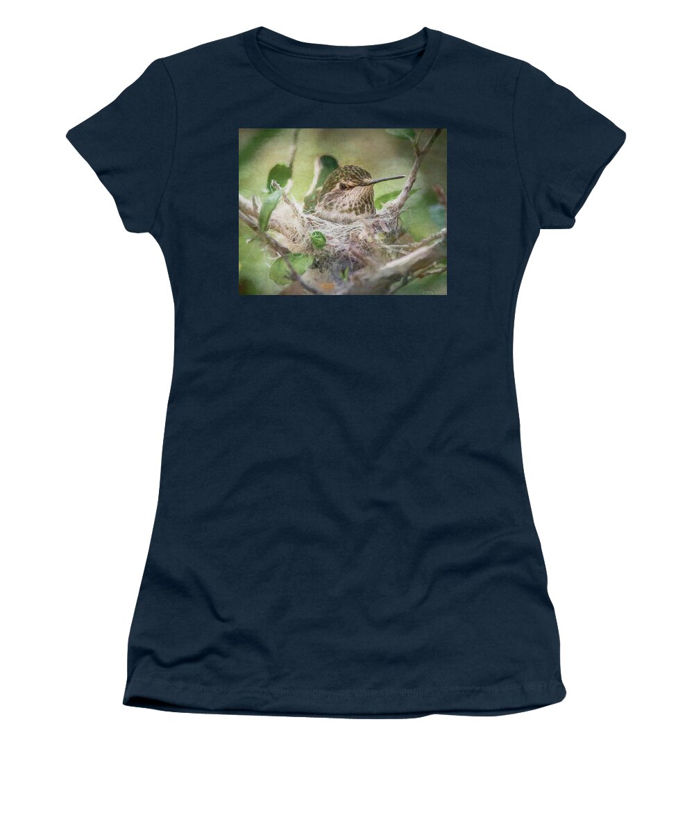 Bird Women's T-Shirt featuring the mixed media Minding the Nest by Teresa Wilson