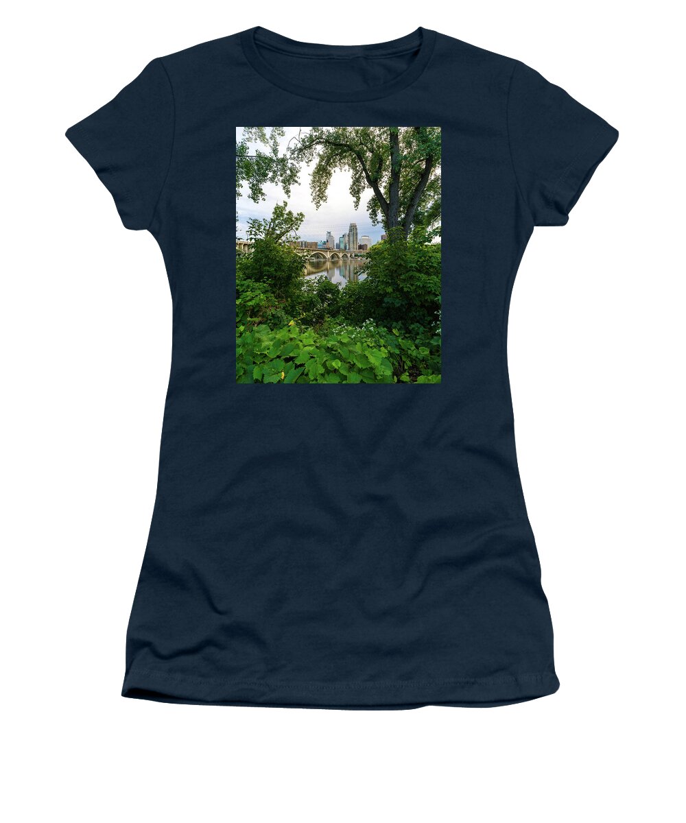 Minneapolis Women's T-Shirt featuring the photograph Minneapolis Through the Trees by Mike Evangelist