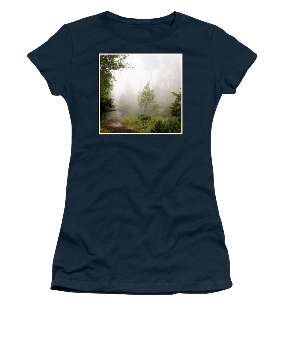 Mist Women's T-Shirt featuring the photograph Misty Road at Forest Edge, Pocono Mountains, Pennsylvania by A Macarthur Gurmankin