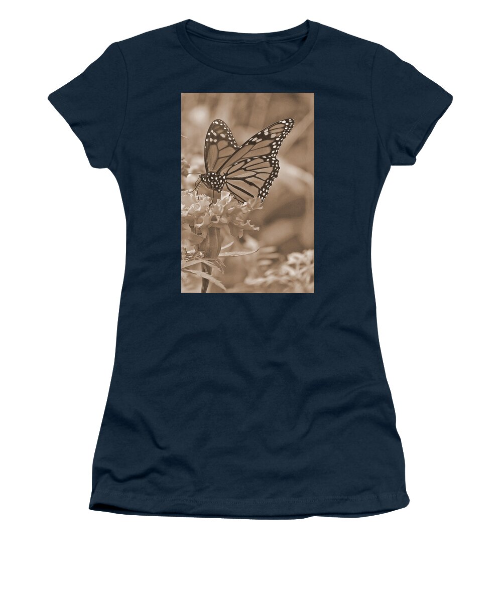 Butterfly Women's T-Shirt featuring the photograph Monarch Butterfly And Marigold Flower In Sepia by Kay Novy