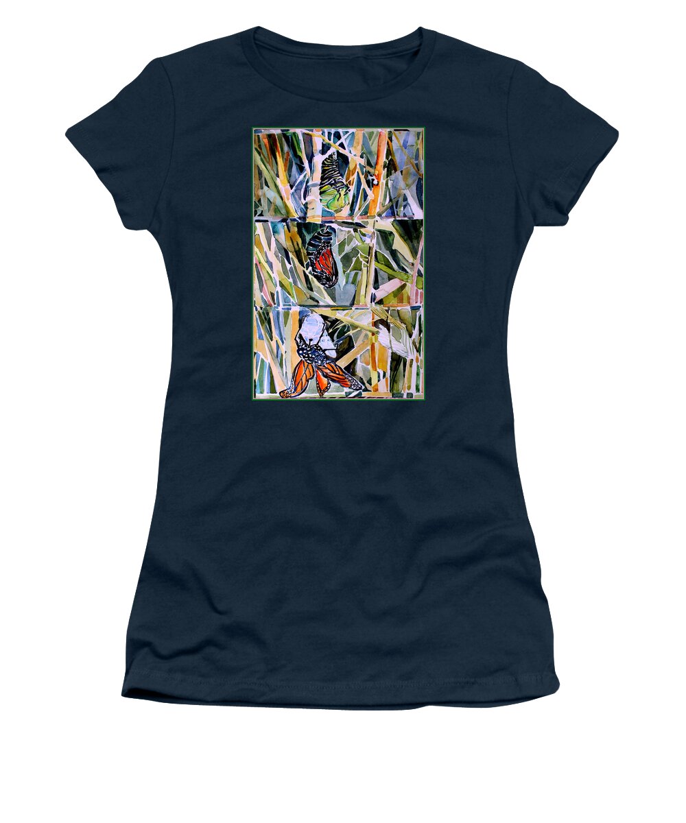 Butterfly Women's T-Shirt featuring the painting Monarch Butterfly Life Cycle by Mindy Newman