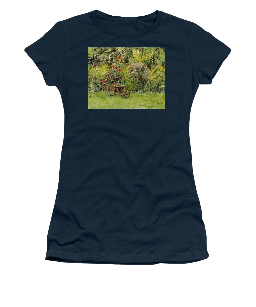 Garden Flowers Women's T-Shirt featuring the painting Monet's Garden Wheelbarrel by Kathy Knopp