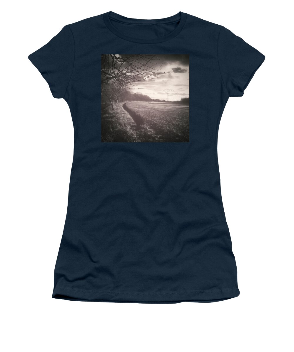 Clouds Women's T-Shirt featuring the photograph #monochrome #landscape #field #trees by Mandy Tabatt