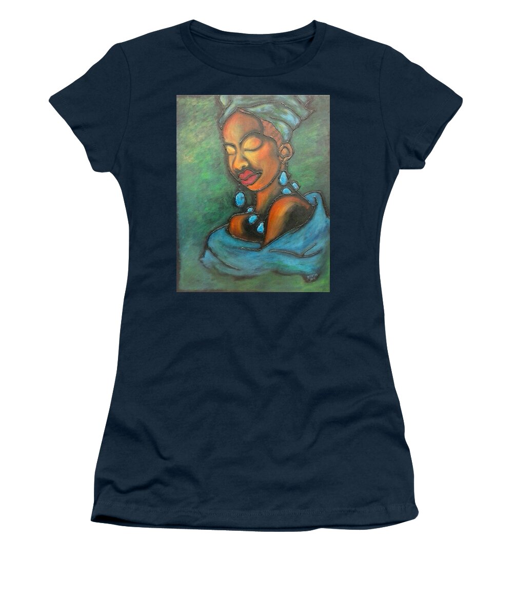 African-american Women In Blue.head Wrap.glue Pictures.mixed Media Paintings Women's T-Shirt featuring the painting Topaz by Jenny Pickens