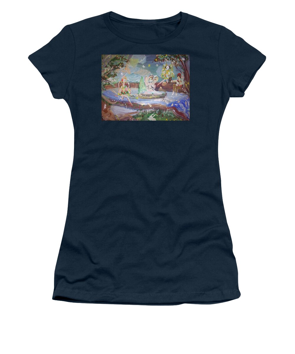Moon Women's T-Shirt featuring the painting Moon River Fairies by Judith Desrosiers