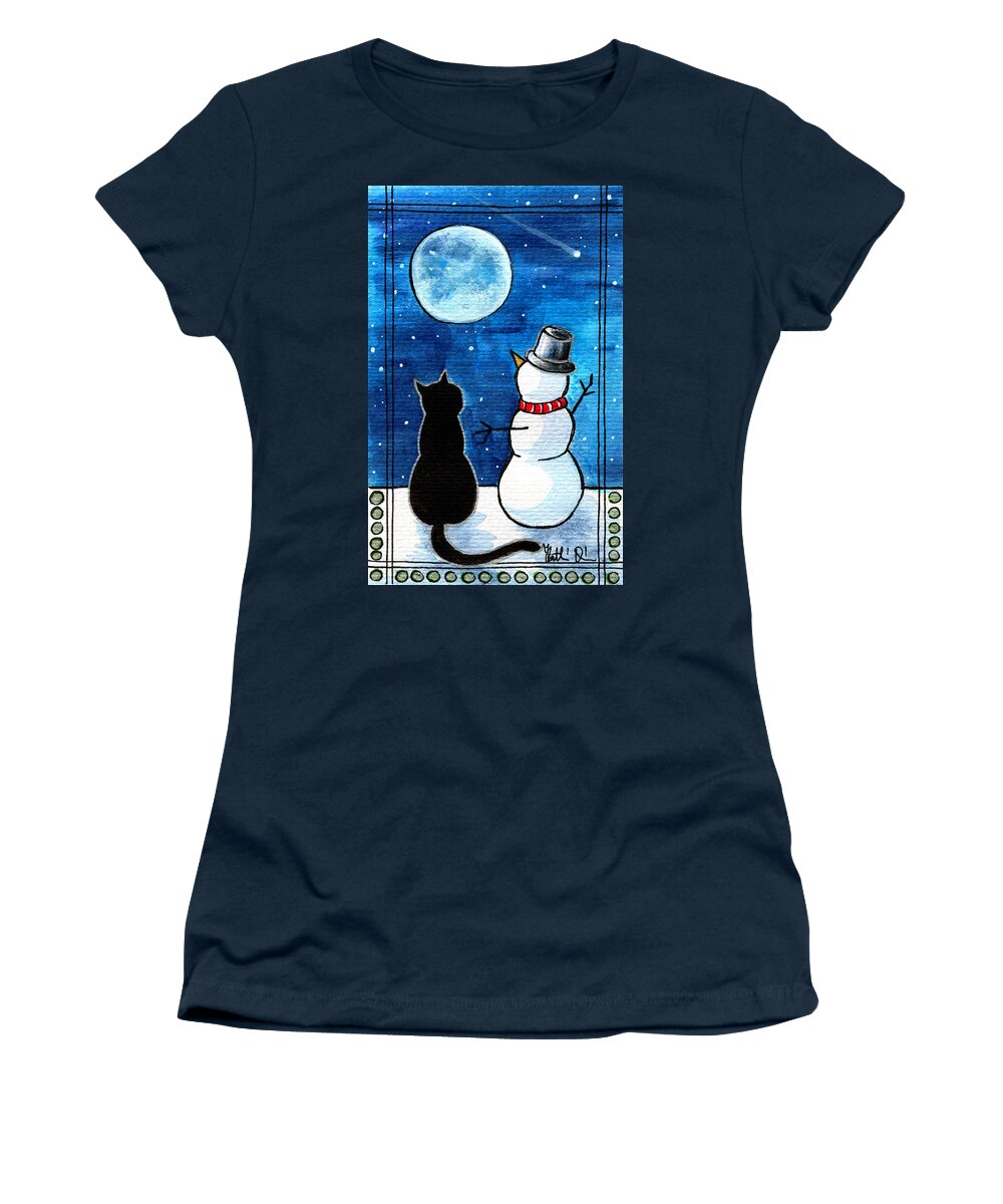 Moon Watching With Snowman Women's T-Shirt featuring the painting Moon Watching With Snowman - Christmas Cat by Dora Hathazi Mendes