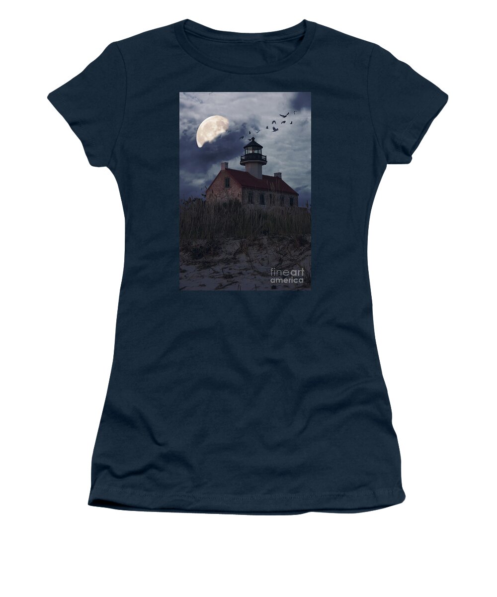 Lighthouse Women's T-Shirt featuring the photograph Moonlight at East Point by Debra Fedchin