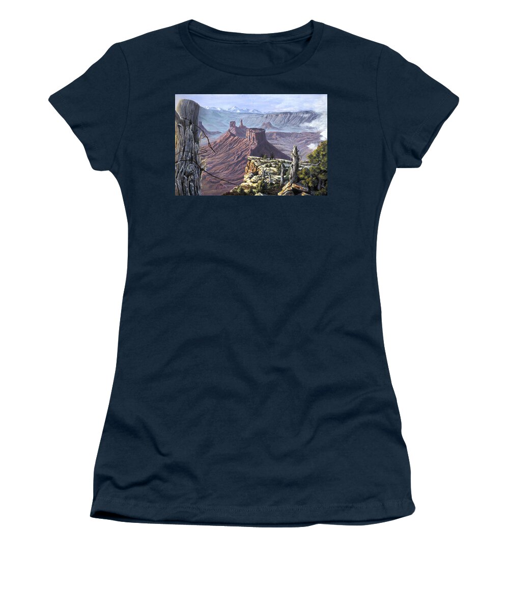 Landscape Women's T-Shirt featuring the painting Morning Boundaries by Page Holland