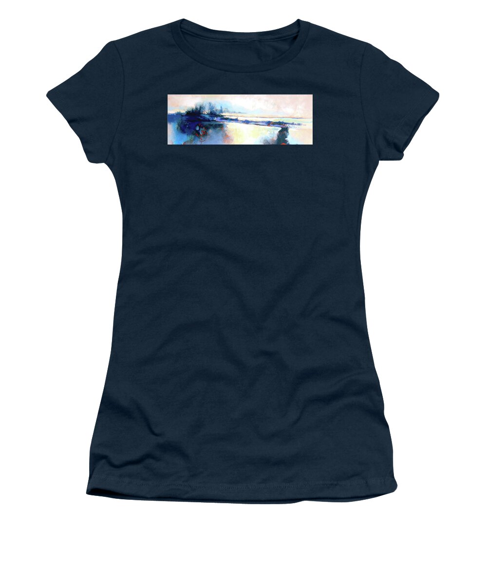 Acrylic Landscape Women's T-Shirt featuring the painting Morning Mist And Rain by Dale Witherow