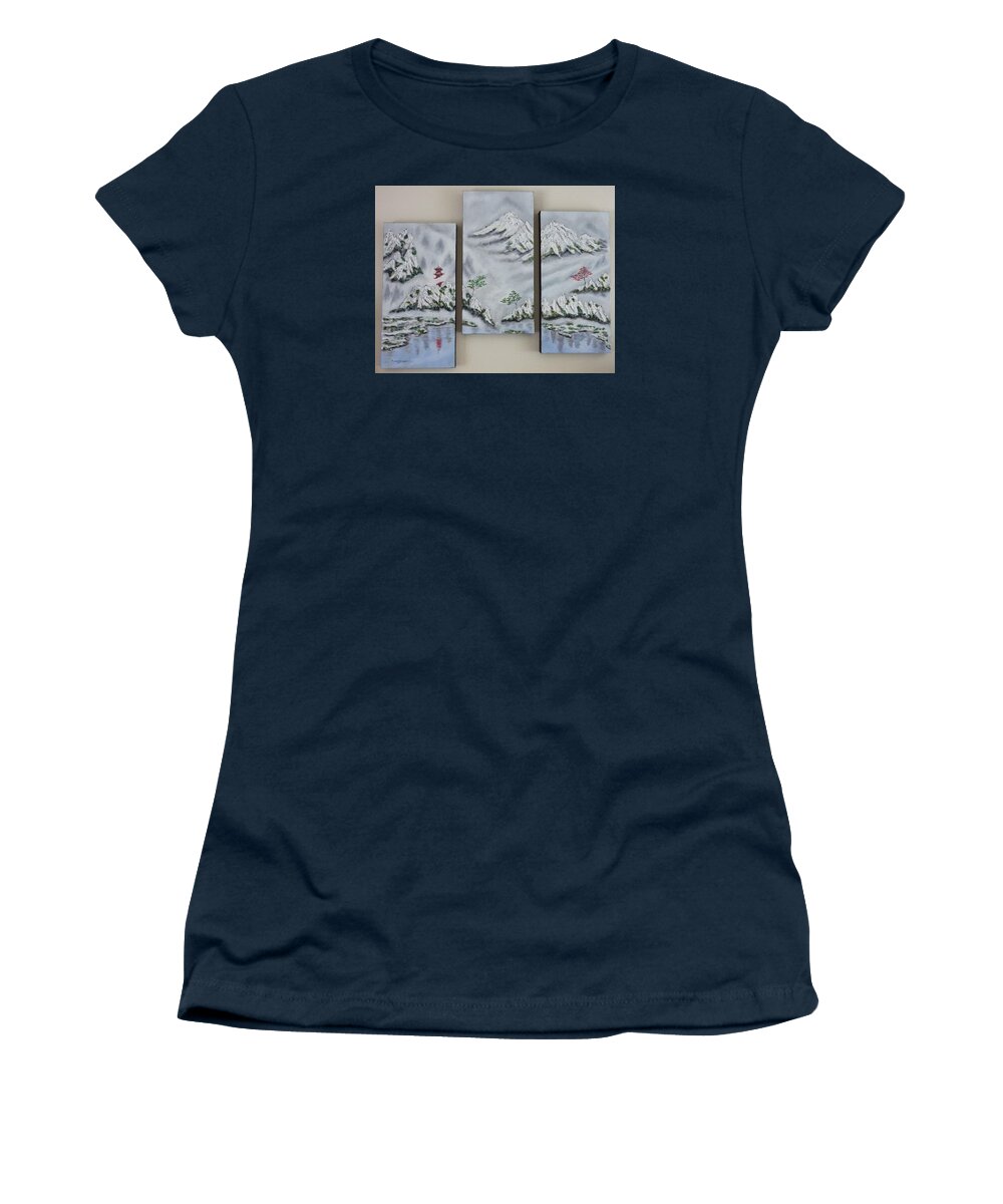 Morning Mist Women's T-Shirt featuring the painting Morning Mist Triptych by Amelie Simmons