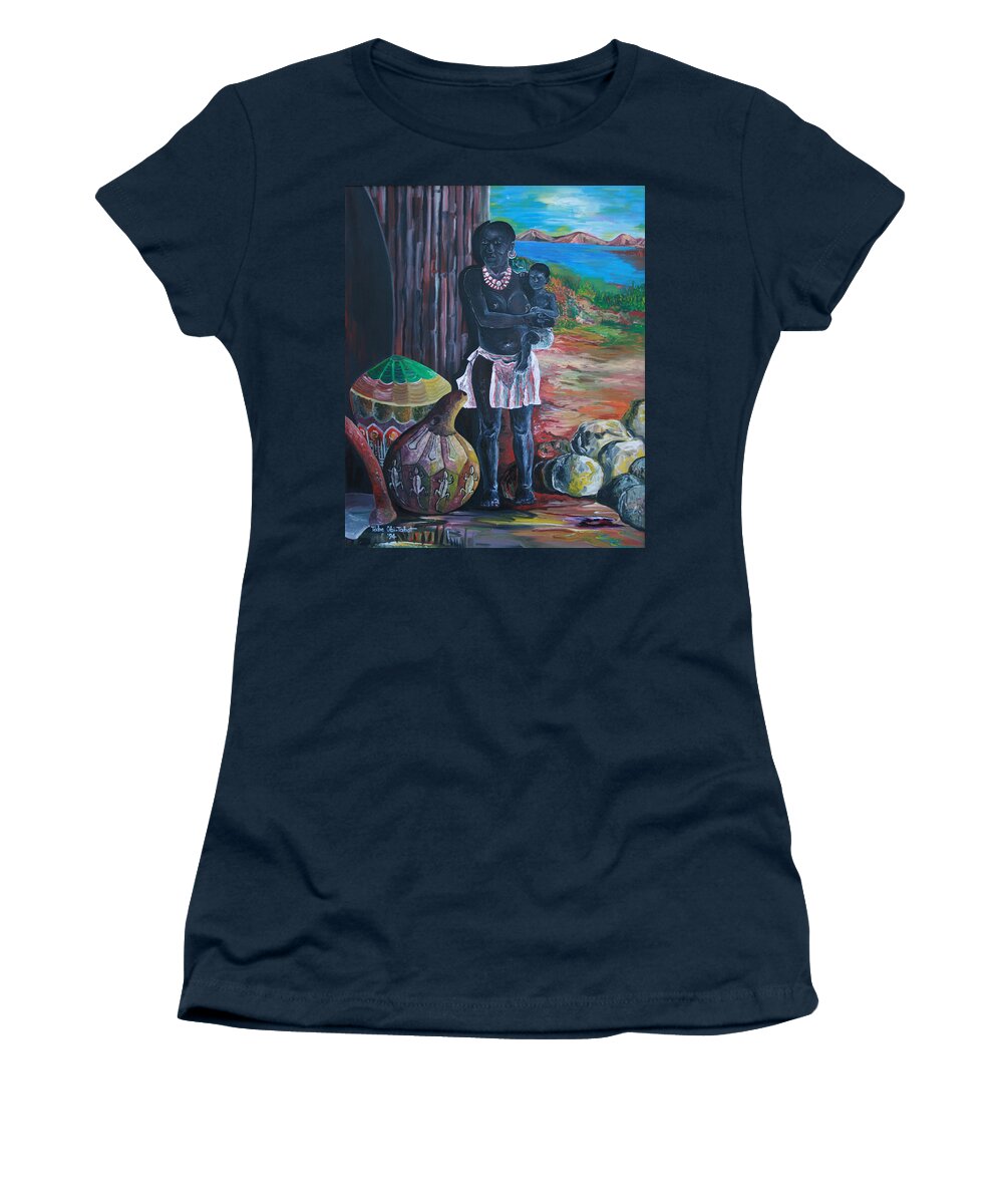 Mother And Child 2 Women's T-Shirt featuring the painting Mother and Child 2 by Obi-Tabot Tabe