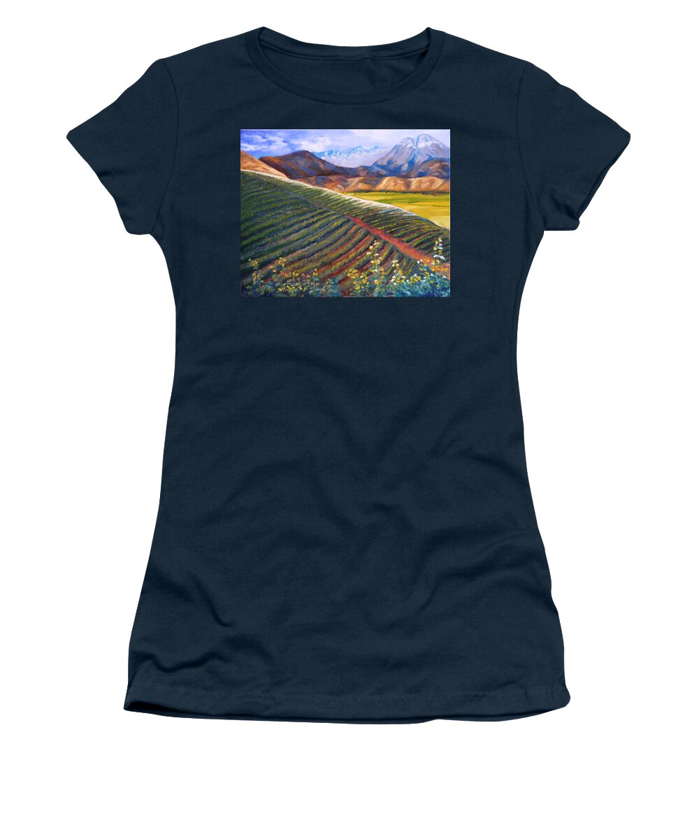 Farm Land Women's T-Shirt featuring the painting Mountain Farmland The Vineyard by Vic Ritchey