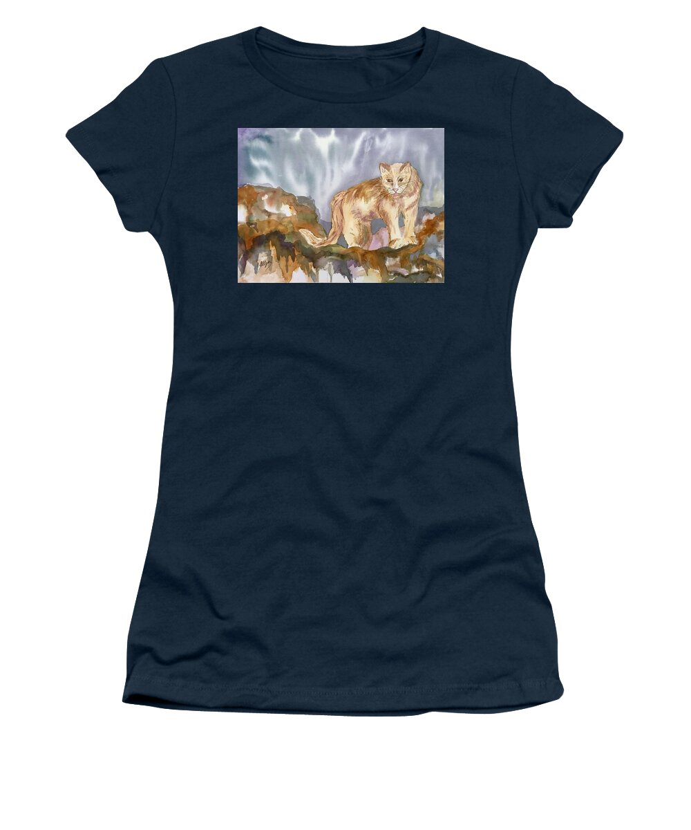 Mountain Lion Women's T-Shirt featuring the painting Mountain Lion on the Rocks by Ellen Levinson