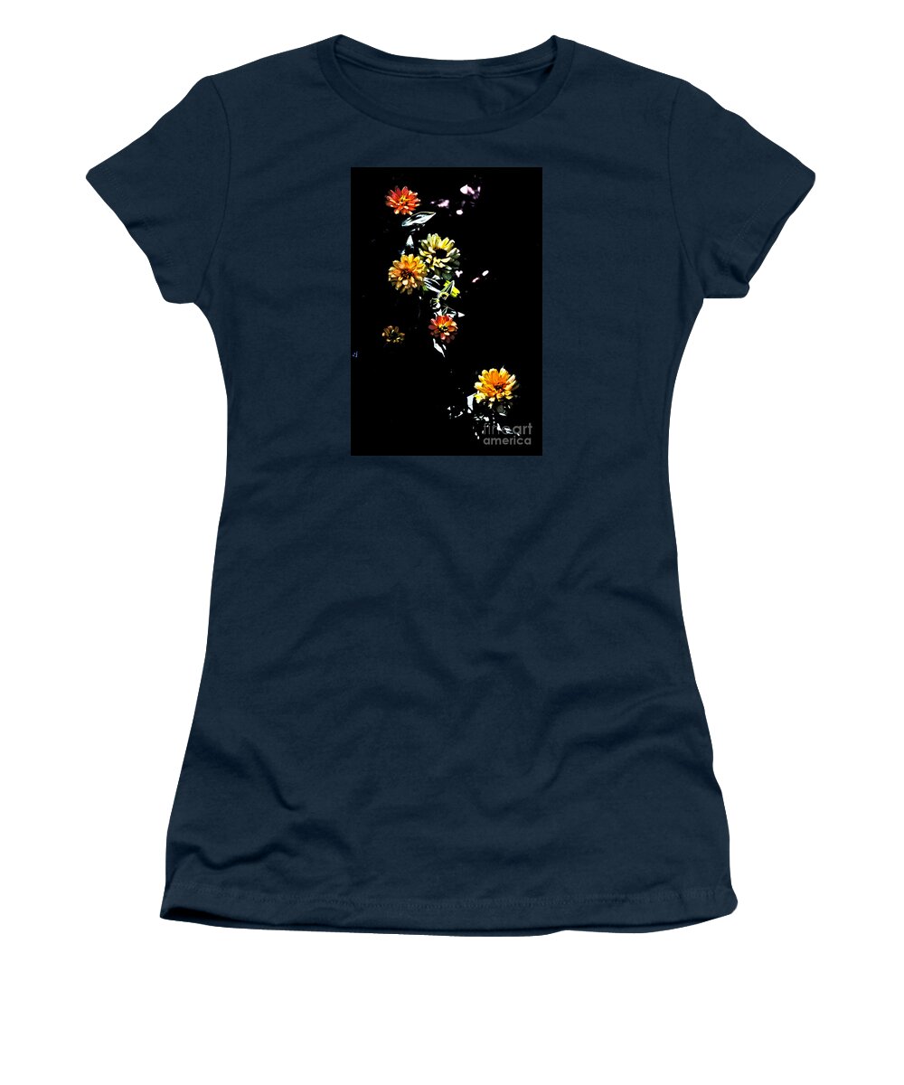  Women's T-Shirt featuring the photograph Multi-Color Zinnias on Black Background by David Frederick