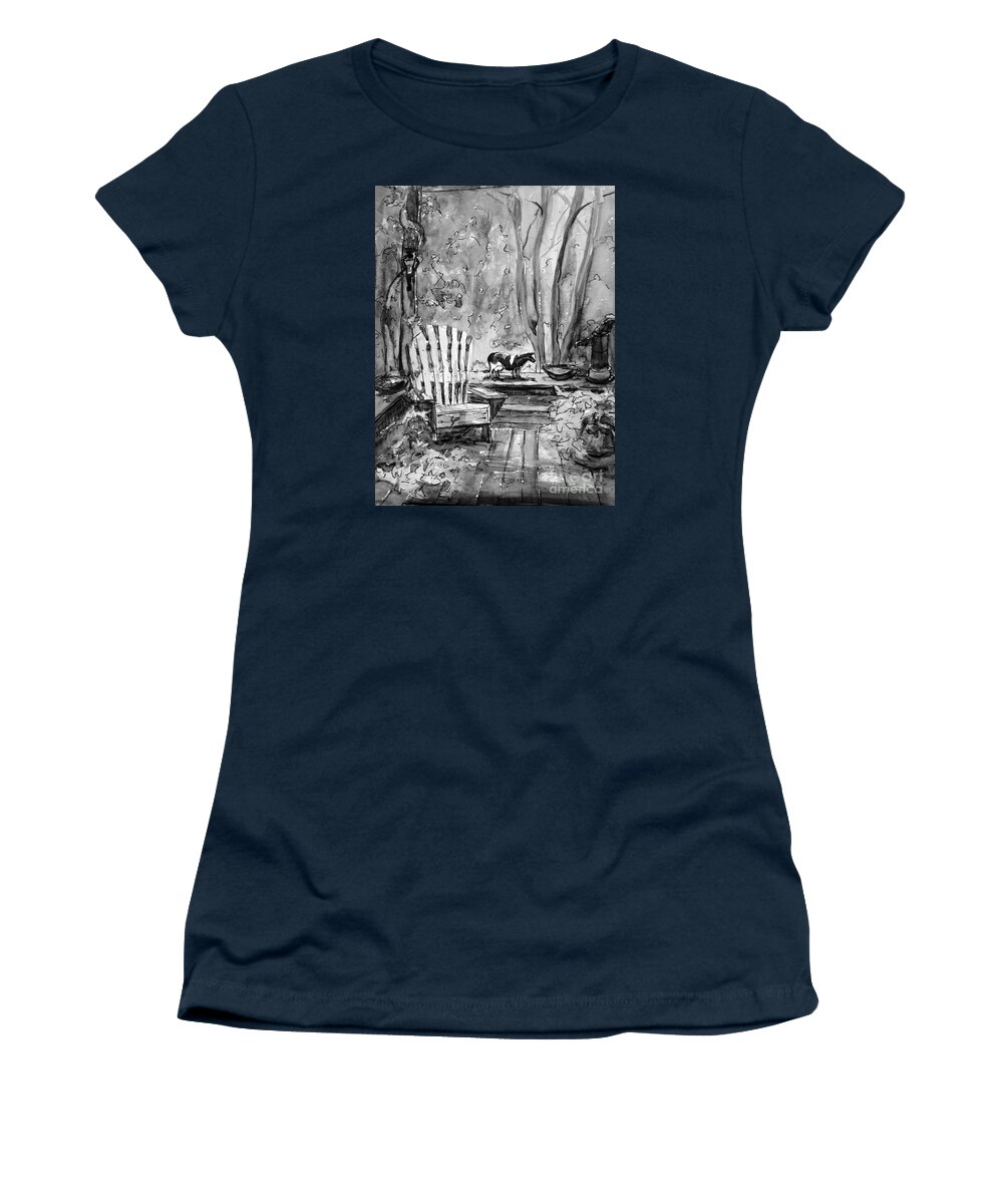 Black And White Women's T-Shirt featuring the painting My Front Deck in BW by Gretchen Allen