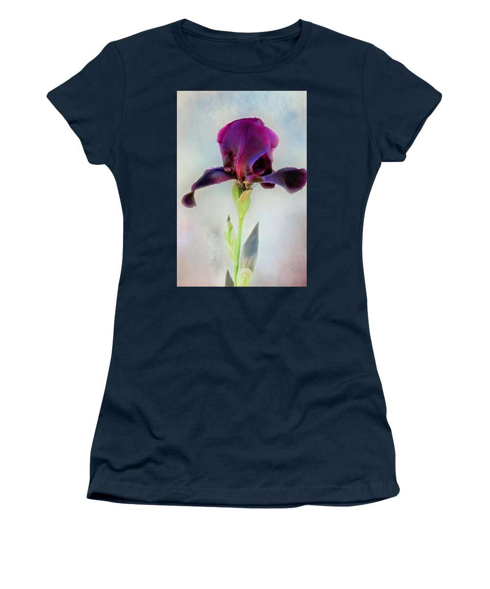 Black Iris Print Women's T-Shirt featuring the photograph Mystical Black Iris Print by Gwen Gibson