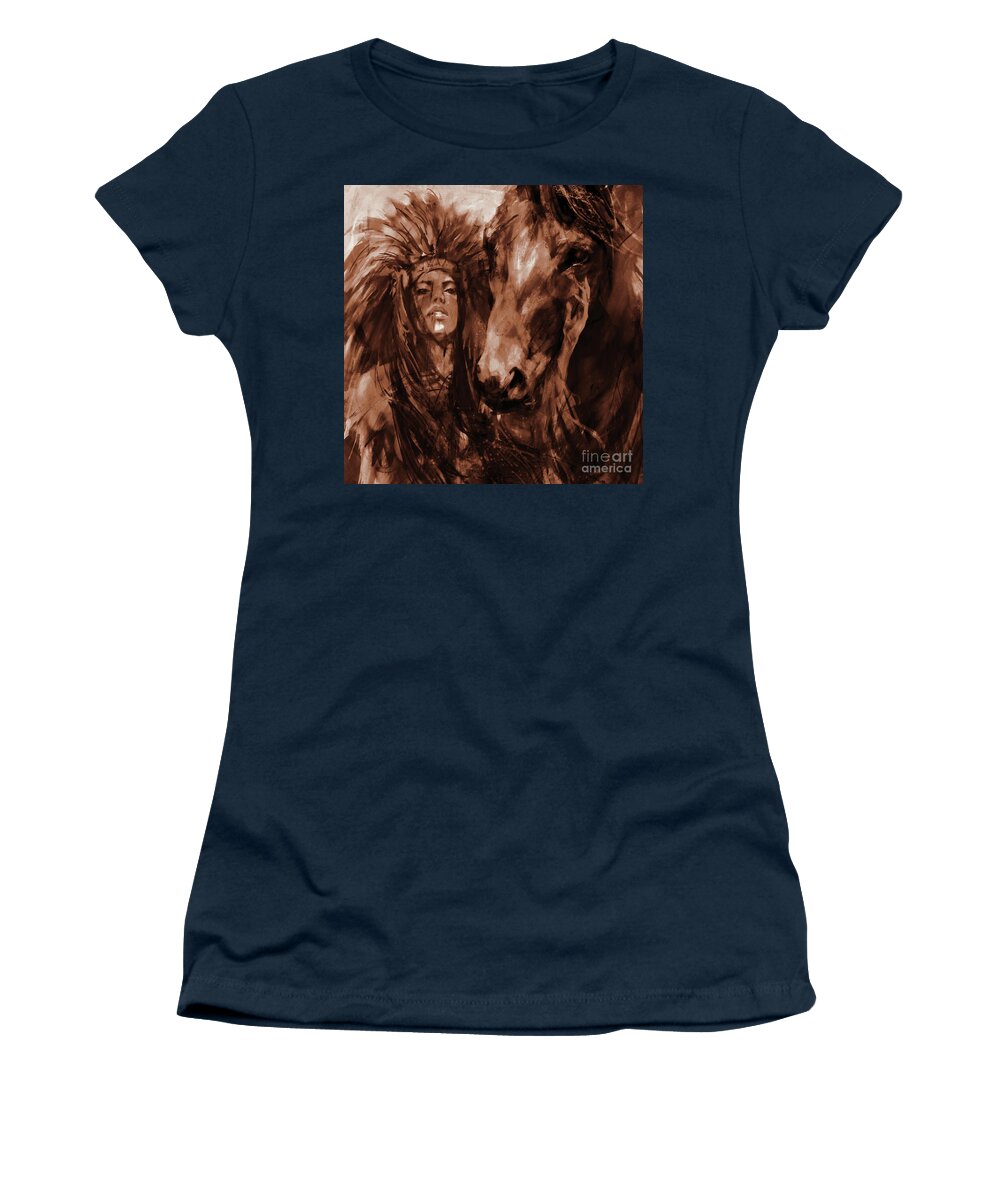Native American Women's T-Shirt featuring the painting Native Woman with Horse by Gull G