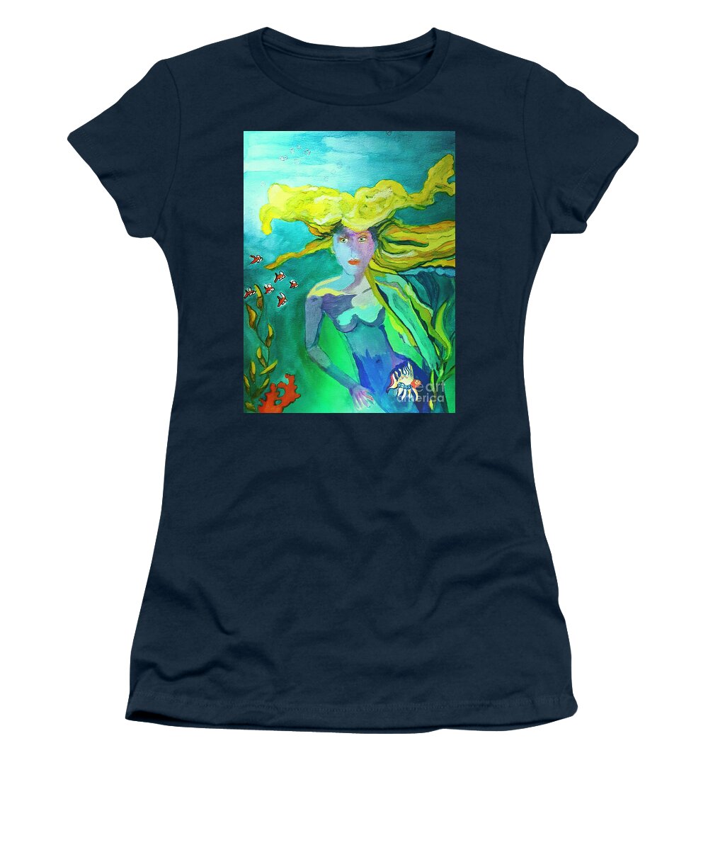 Floating Mermaid Hair Women's T-Shirt featuring the mixed media Neo Mermaid 1 by Pamela Smale Williams