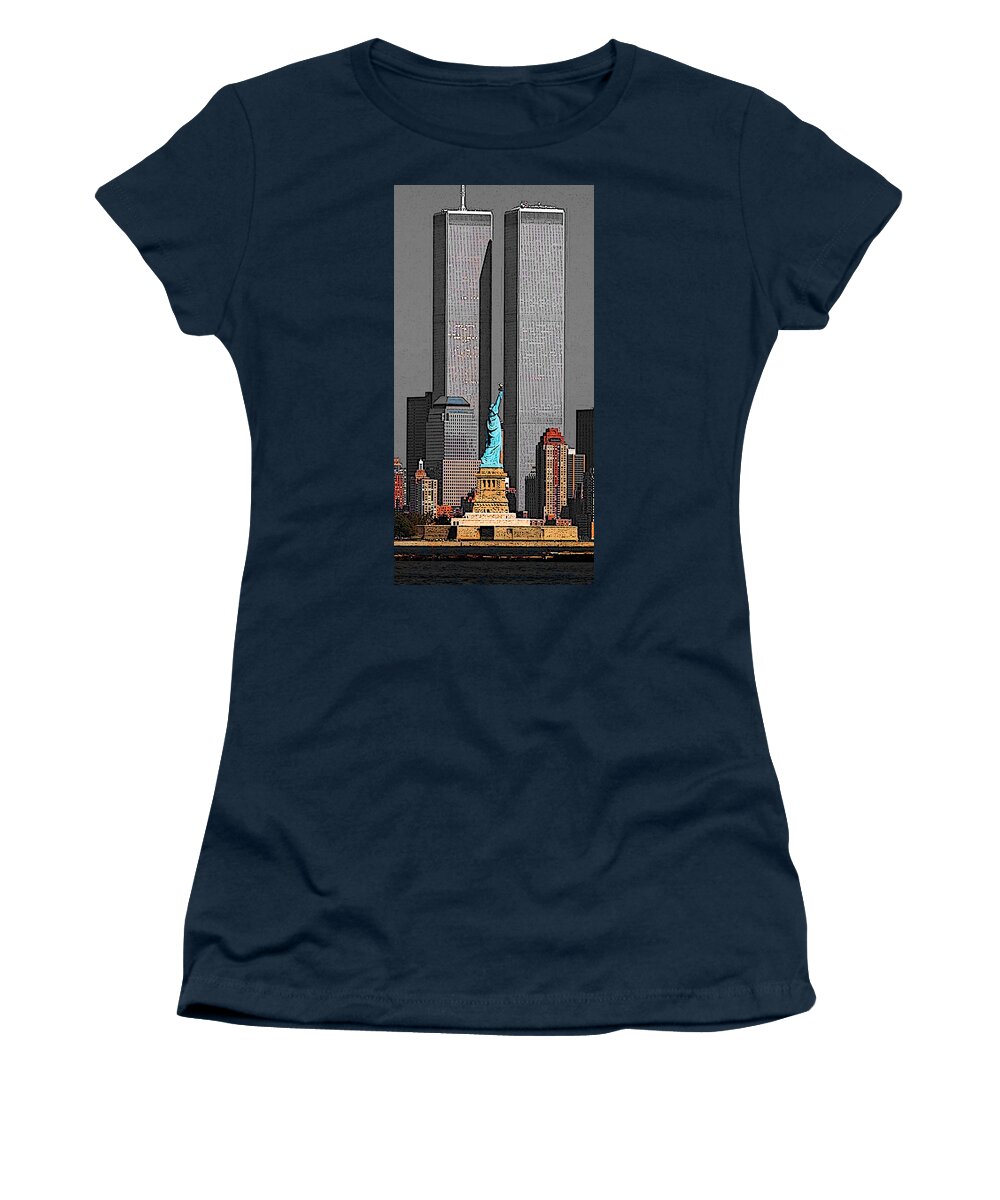 New+york Women's T-Shirt featuring the drawing New York 911 Memory - Twin Towers and Statue of Liberty by Peter Potter
