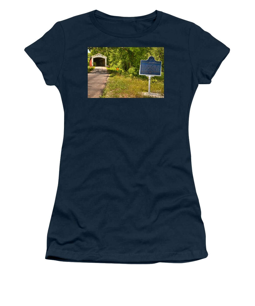 Newport Covered Bridge Women's T-Shirt featuring the photograph Newport Covered Bridge Sign by Adam Jewell