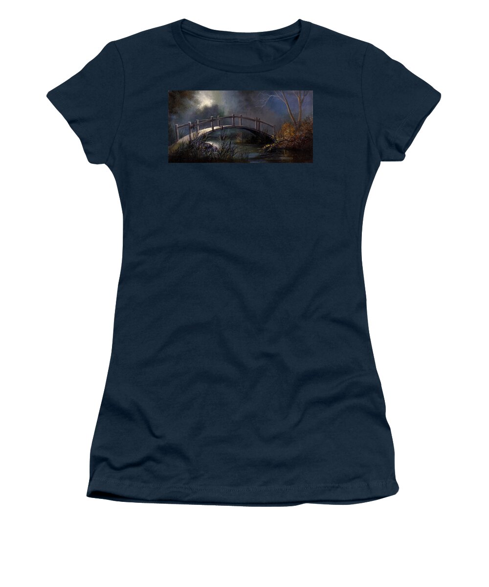 Lynne Pittard Women's T-Shirt featuring the painting Moonlit Bridge by Lynne Pittard