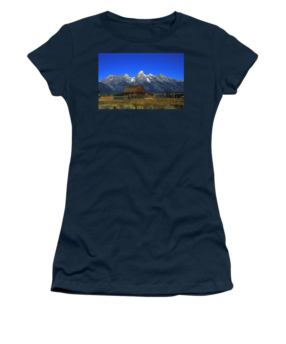 Late Snow Women's T-Shirt featuring the photograph North Moulton barn Grand Tetons by Gary Langley