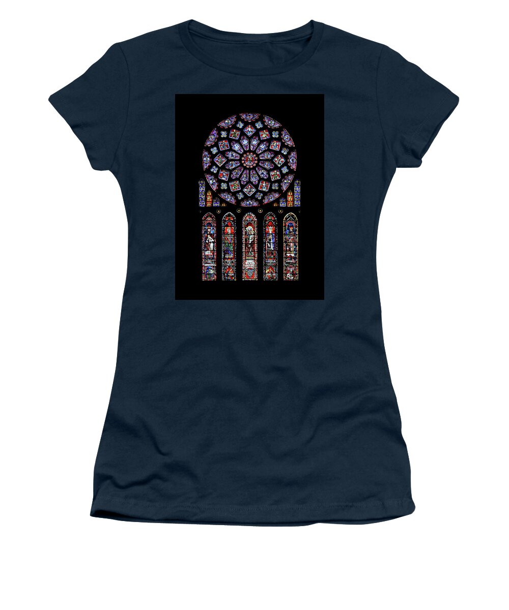 Chartres Women's T-Shirt featuring the glass art North Rose Window of Chartres Cathedral by Photographed by Guillaume Piolle