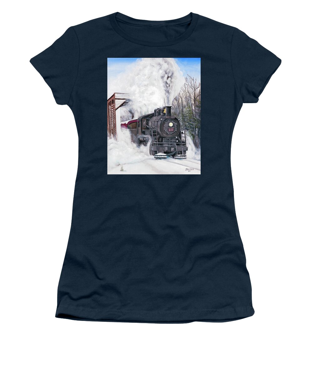 Train Women's T-Shirt featuring the painting Northbound at 35 Below by Joe Baltich