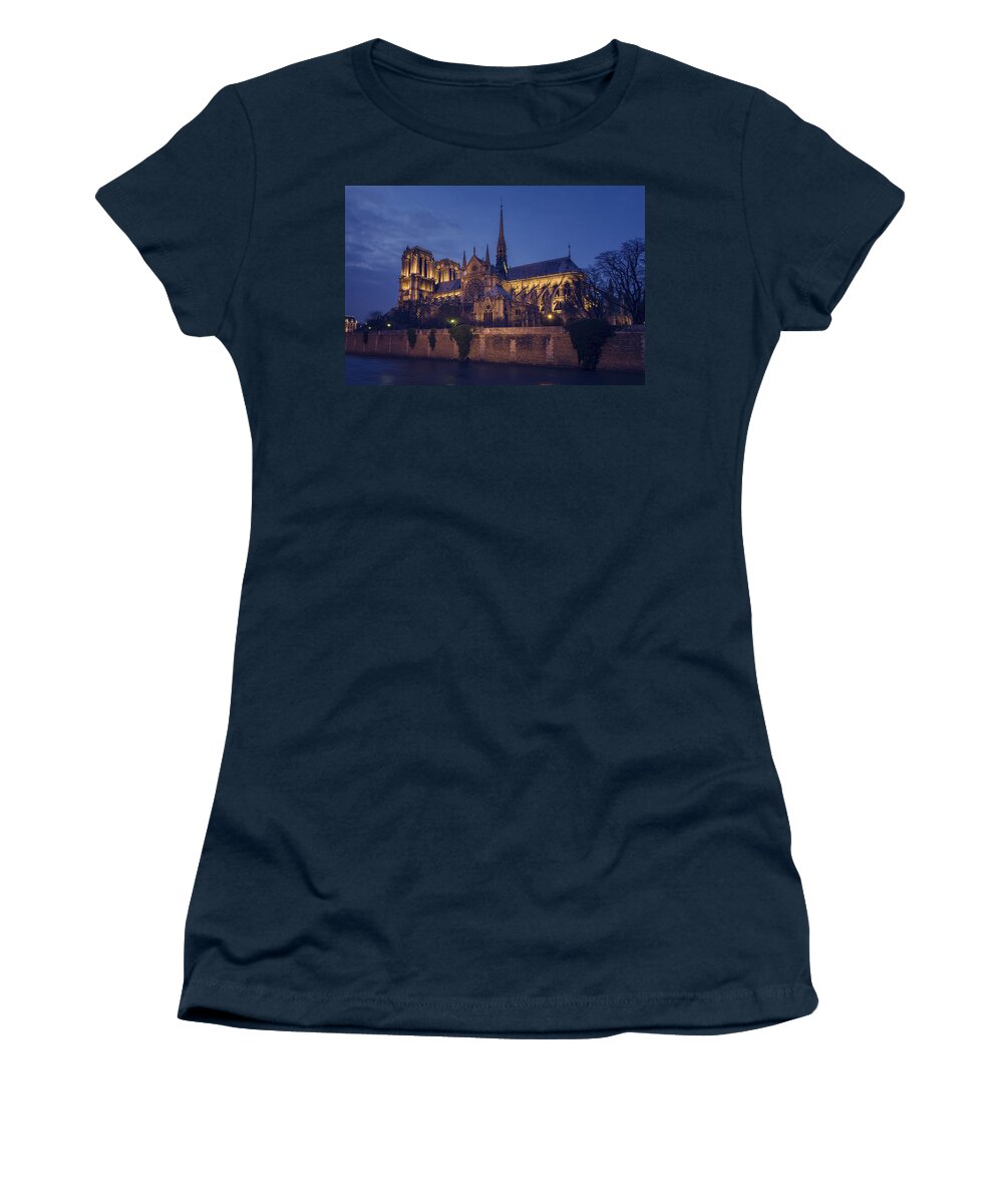 Joan Carroll Women's T-Shirt featuring the photograph Notre Dame on the Seine by Joan Carroll