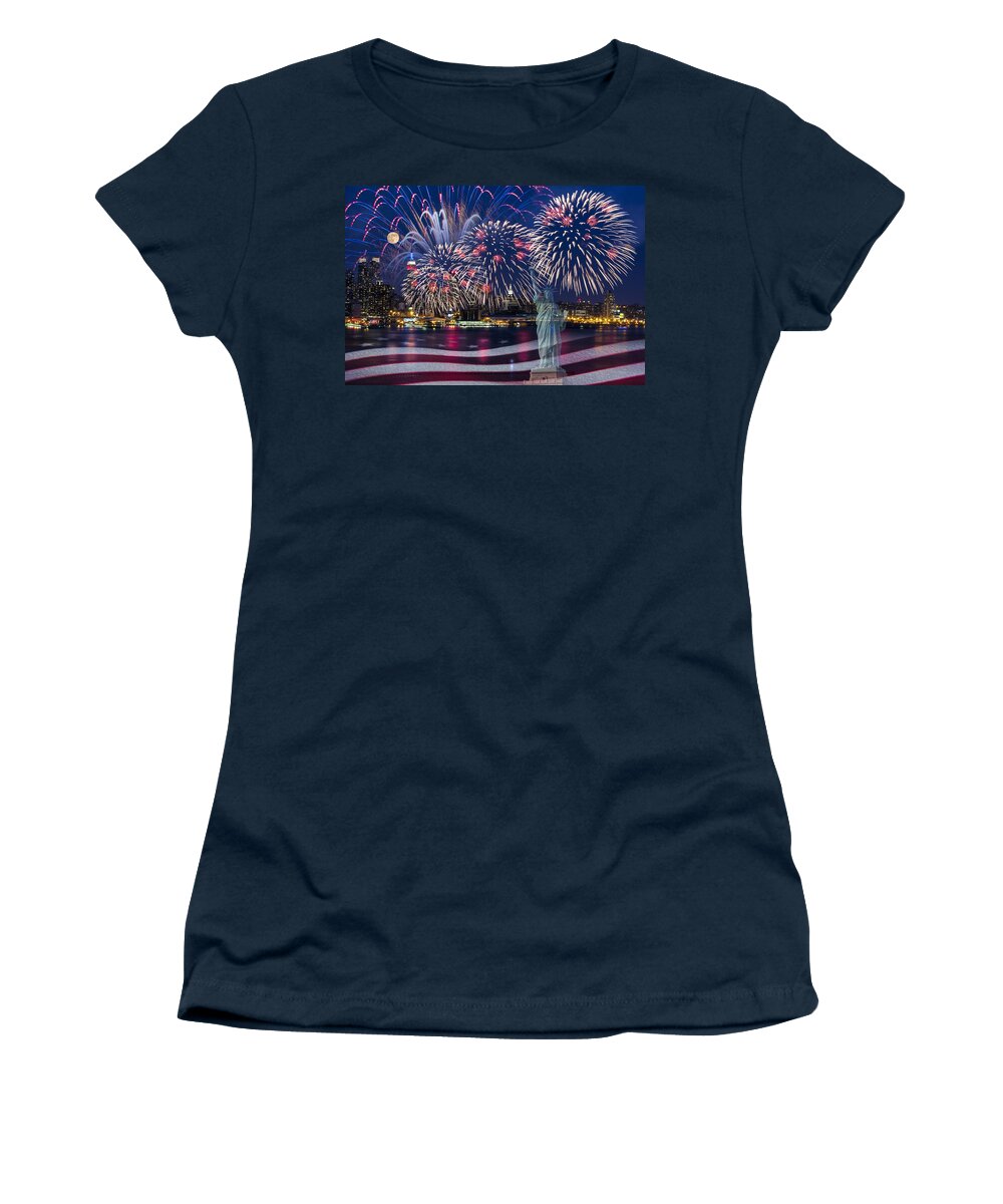 New York City Skyline Women's T-Shirt featuring the photograph NYC Fourth Of July Celebration by Susan Candelario