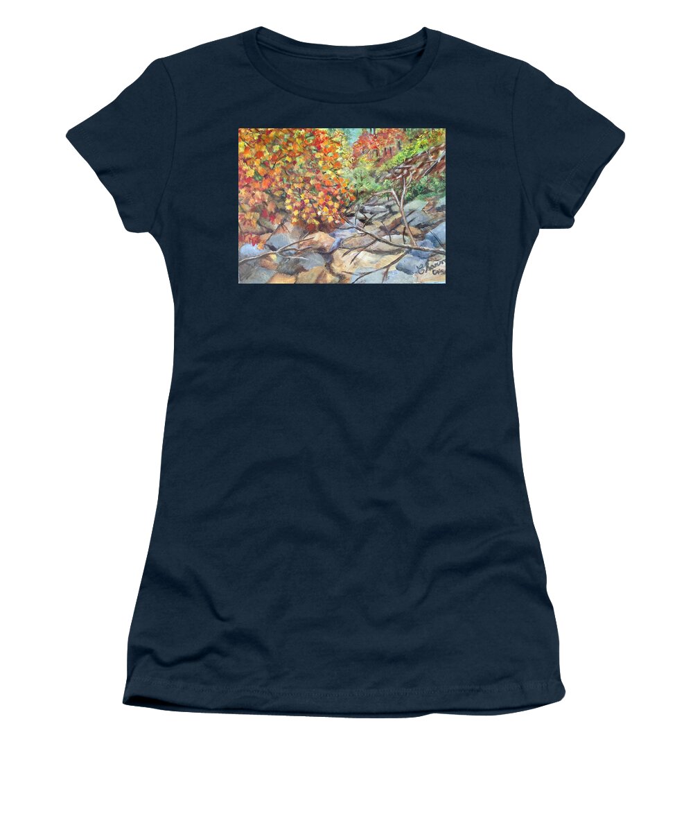 Fall Is In The Canyon With Its Purples Women's T-Shirt featuring the painting Oak Creek Canyon by Charme Curtin