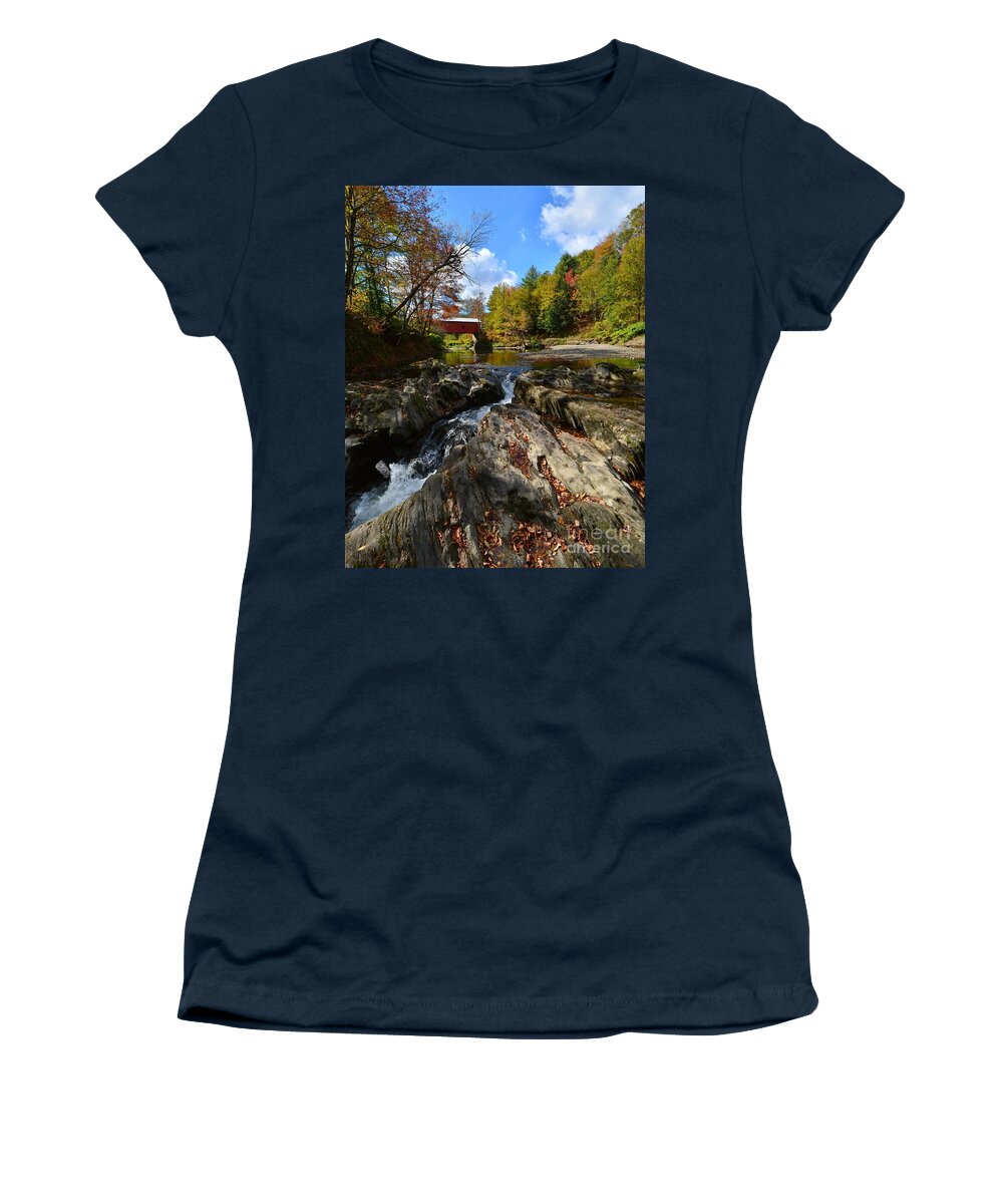 Slaughterhouse Covered Bridge Women's T-Shirt featuring the photograph October in Vermont by Steve Brown