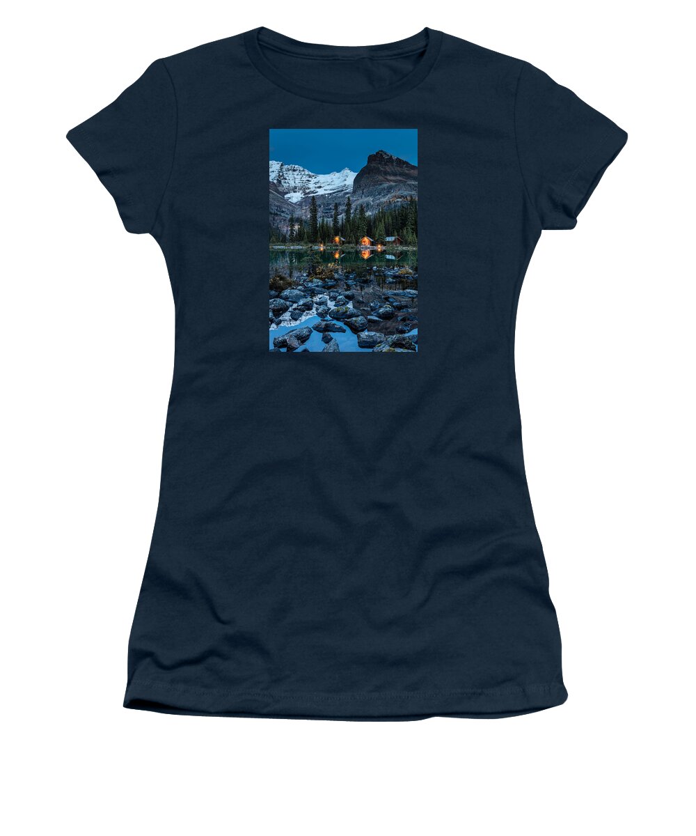 Yoho Women's T-Shirt featuring the photograph O'Hara Lake Lodge twilight by Pierre Leclerc Photography