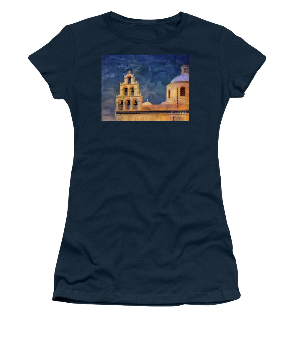 Church Women's T-Shirt featuring the digital art Oia Sunset Imagined by Lois Bryan