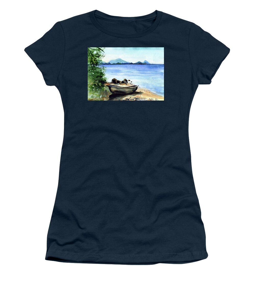 Malawi Women's T-Shirt featuring the painting Old Carved Boat At Lake Malawi by Dora Hathazi Mendes
