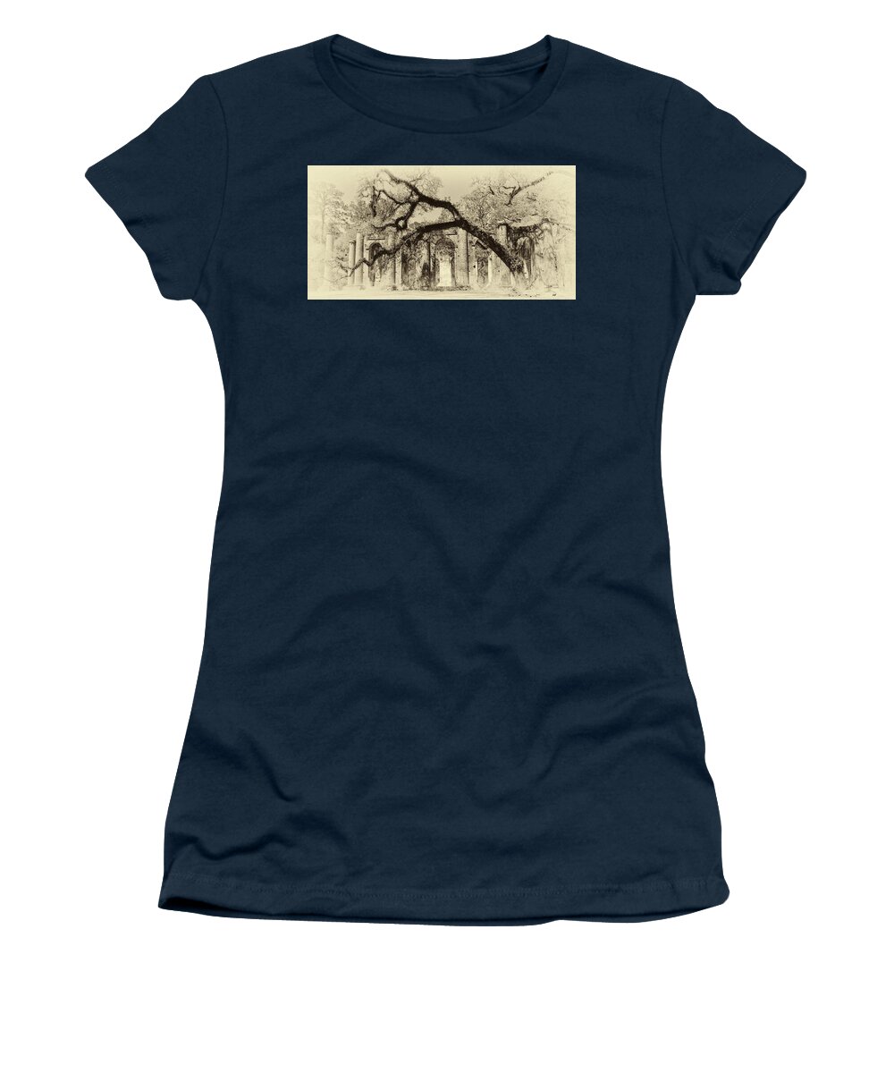 South Carolina Historic Art Women's T-Shirt featuring the photograph Old Sheldon Church Ruins BW by Harriet Feagin