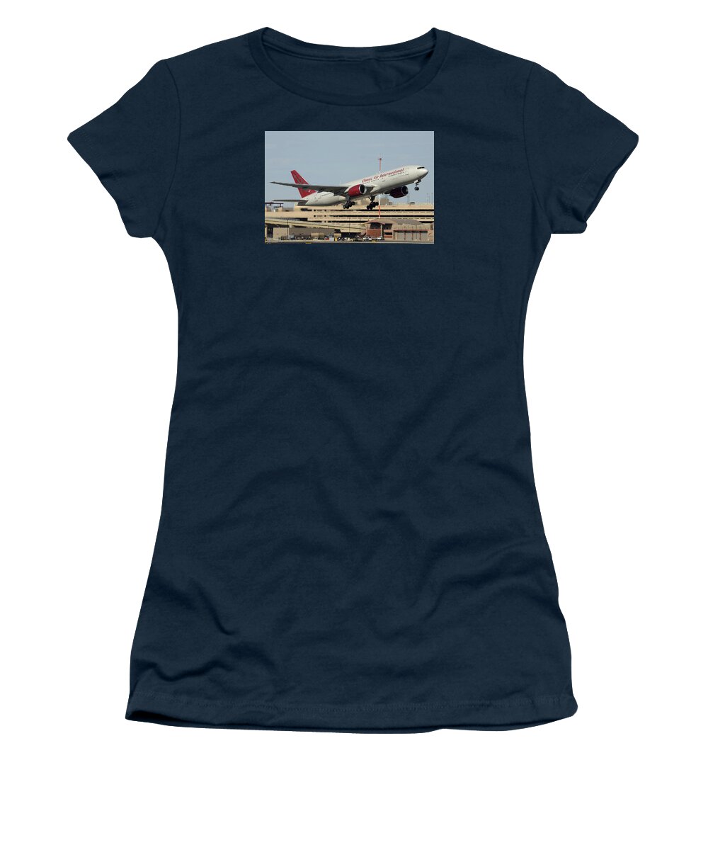Airplane Women's T-Shirt featuring the photograph Omni Air International Boeing 777-222 N927AX Phoenix Sky Harbor January 3 2015 by Brian Lockett