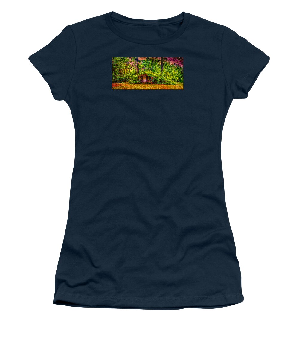 Enchanted Forest # Folklore Art # Magical Enchanted Forest # Impressionism # Fairy Tale # Colorful Art # Forest # Tree Canopy # Abstract Art # Women's T-Shirt featuring the digital art Once upon a time by Louis Ferreira