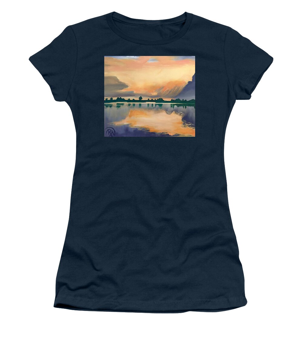 Lake Women's T-Shirt featuring the painting Orange Reflections, Heinricy Lake by Renee Noel