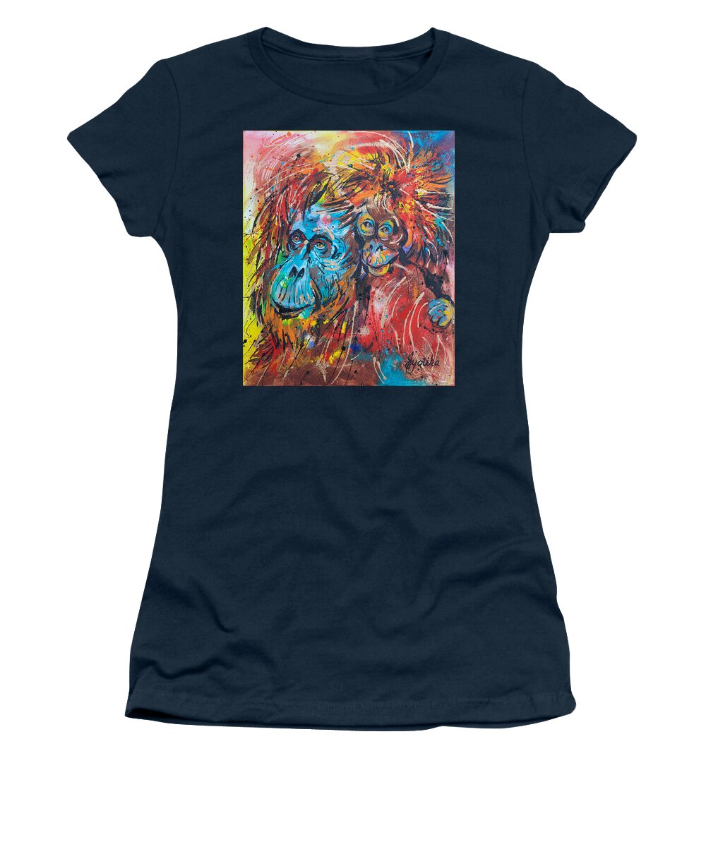 Orangutan Mother And Baby Women's T-Shirt featuring the painting Orangutan Joyful Ride by Jyotika Shroff