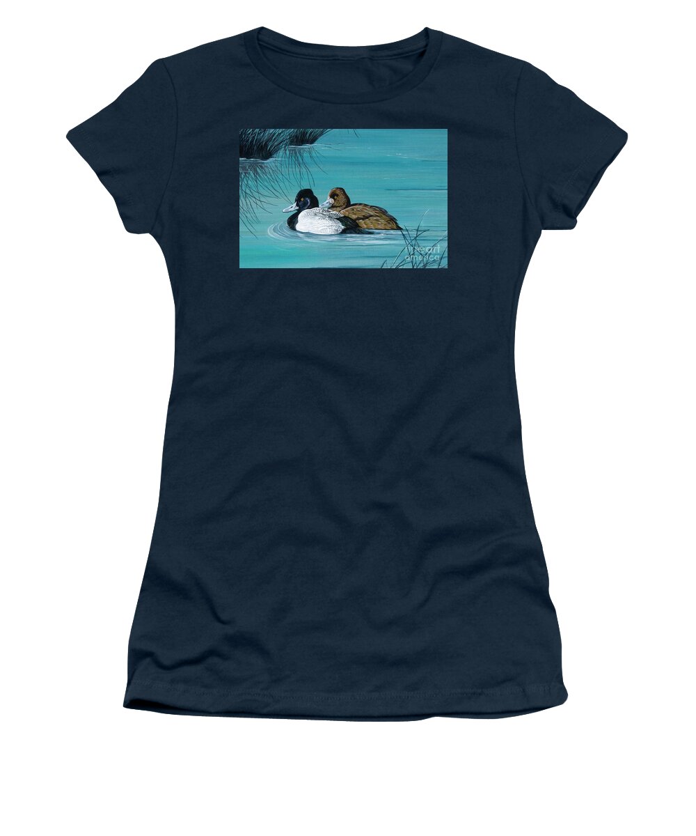 Duck|blue|water|nature|pond|lake|river| Women's T-Shirt featuring the painting Out of the Blue Dad and Mom by Jennifer Lake