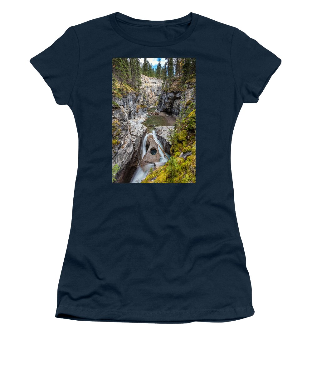 Maligne Canyon Women's T-Shirt featuring the photograph Owl Face Falls of Maligne Canyon by Pierre Leclerc Photography