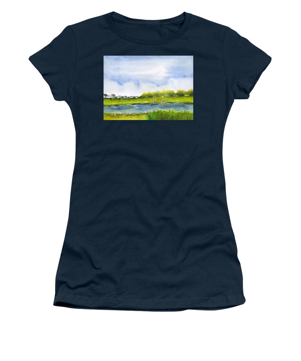 Paddle Boarding At Pawleys Island Women's T-Shirt featuring the painting Paddle Boarding at Pawleys Island by Frank Bright