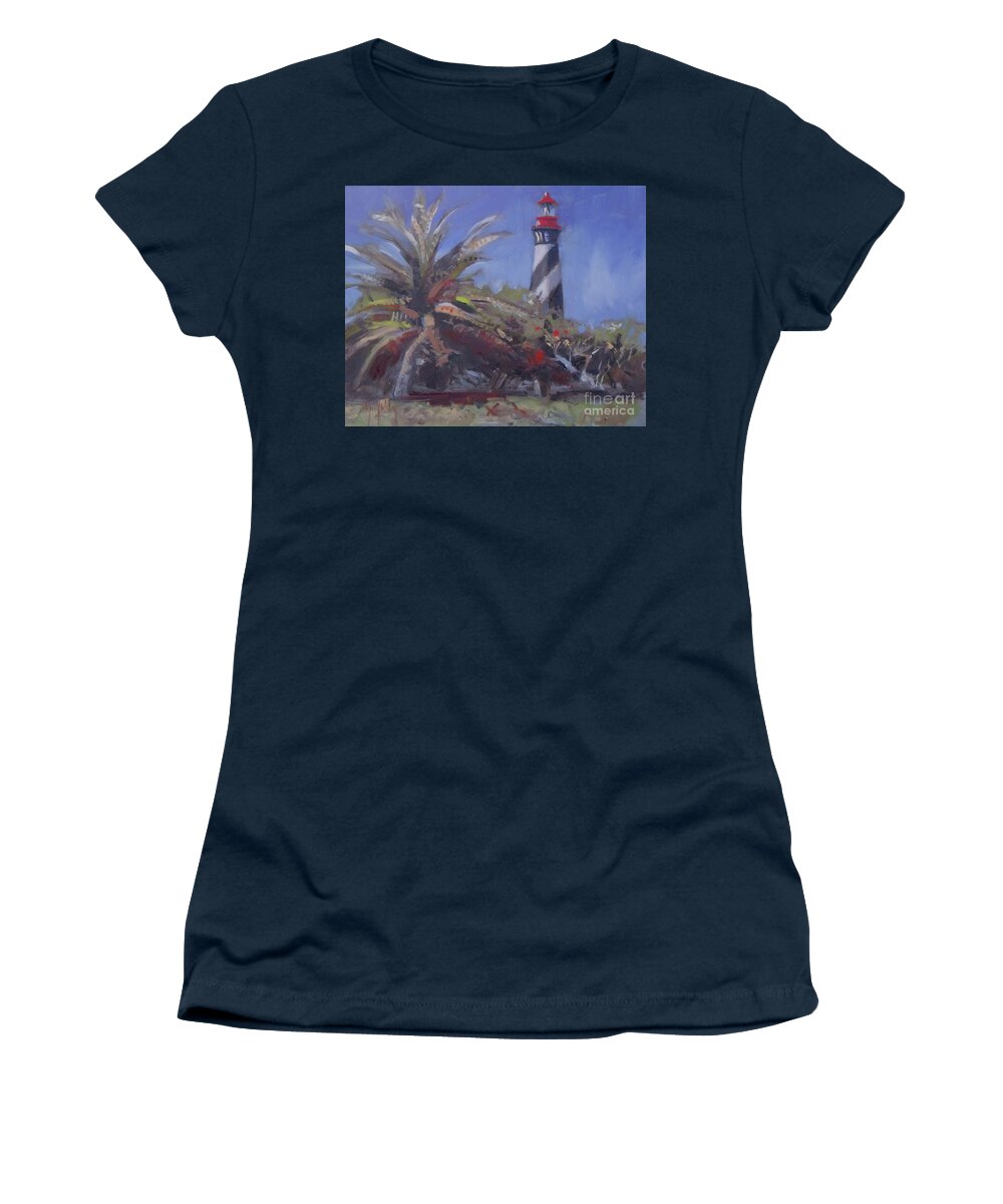 Lighthouse Women's T-Shirt featuring the painting Palm by the Lighthouse by Mary Hubley