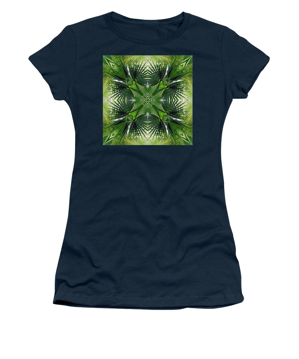 Palm Frond Fractured Kaleidoscope Design Pattern Leaf Tree Tropical Pieced Green Women's T-Shirt featuring the photograph Palm Frond Kaleidoscope by Frances Miller