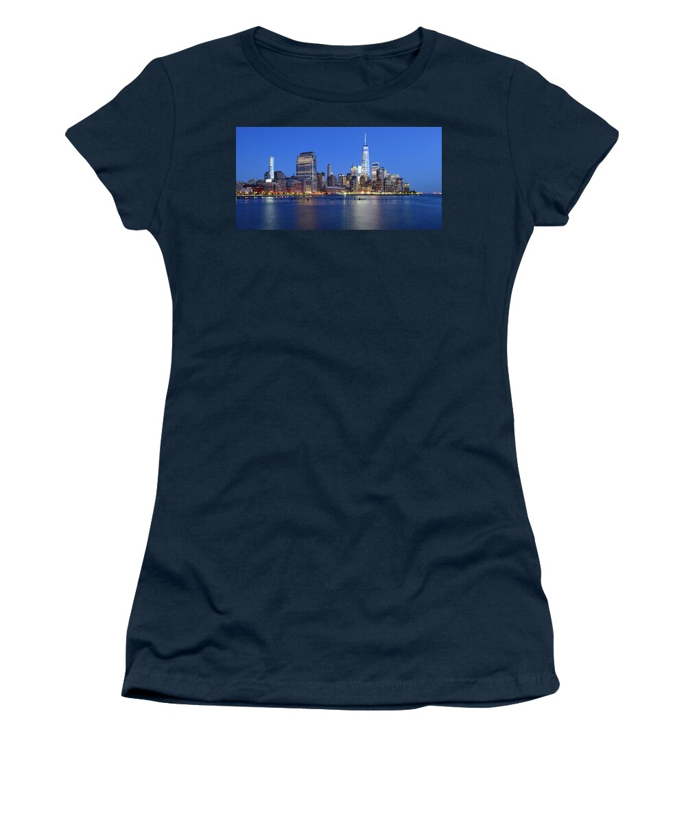 Skyline New York Women's T-Shirt featuring the photograph Panorama wonderful New York city skyline in the evening - Lower Manhattan by Merijn Van der Vliet